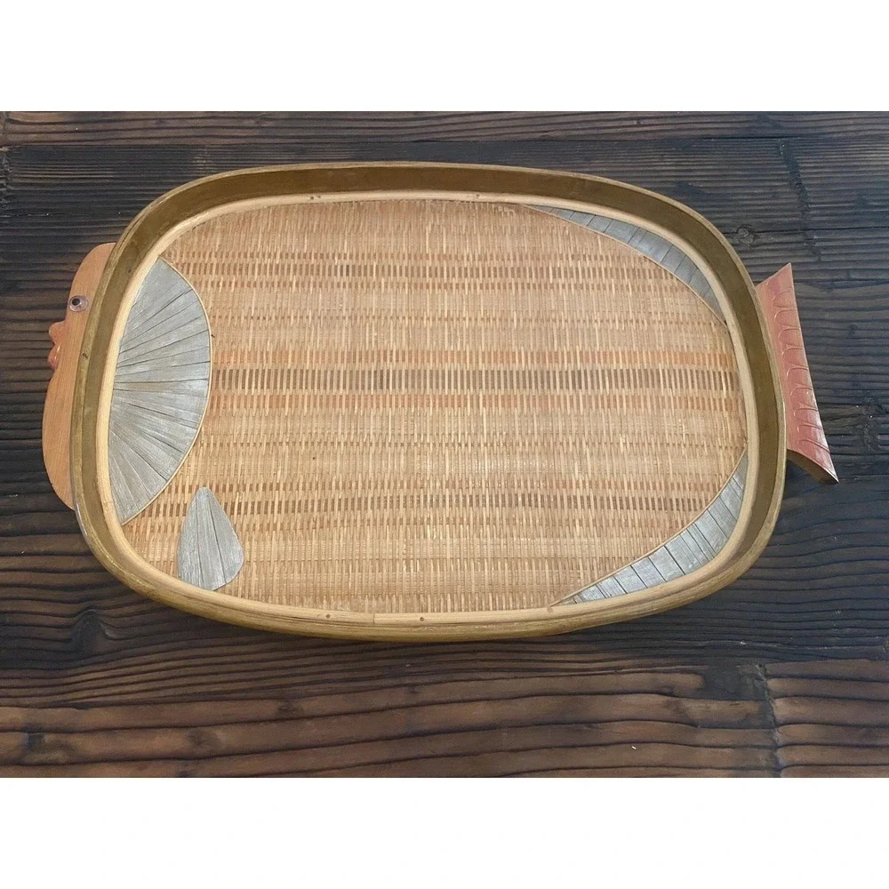 VTG Bamboo/Rattan/Wicker Vtg 1950 Zhejjang Fish Moutif Tray Made in ROC